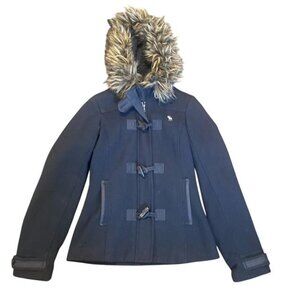 Y2K Abercrombie & Fitch Toggle Jacket Fur Hood Womens M Vintage Navy Blue Wool